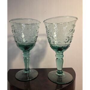 Two Mikasa Tender Leaves Wine / Water Goblets. Green MCM Pressed Glass; 7.5"
